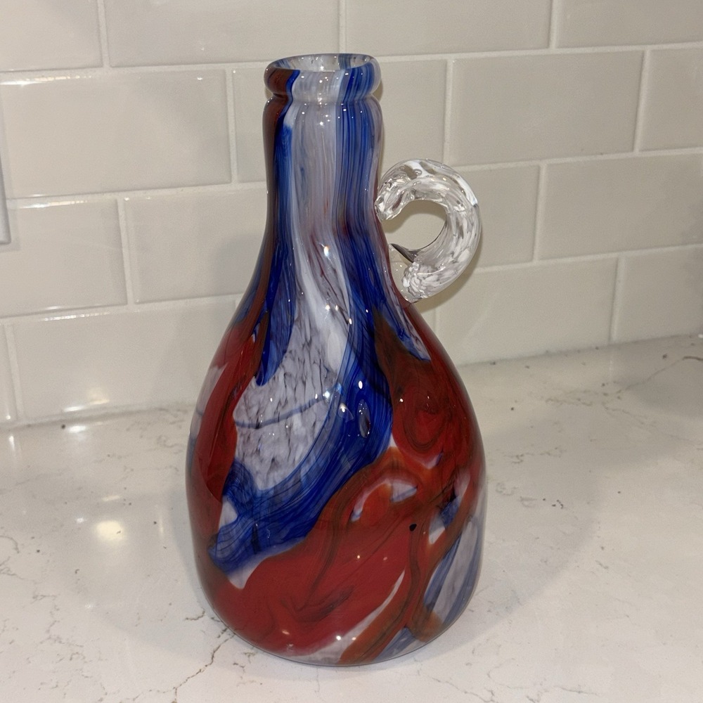 VTG MCM Italian Opaline Style Glass Pitcher Red Blue Swirl Art Handled Jug 10.75